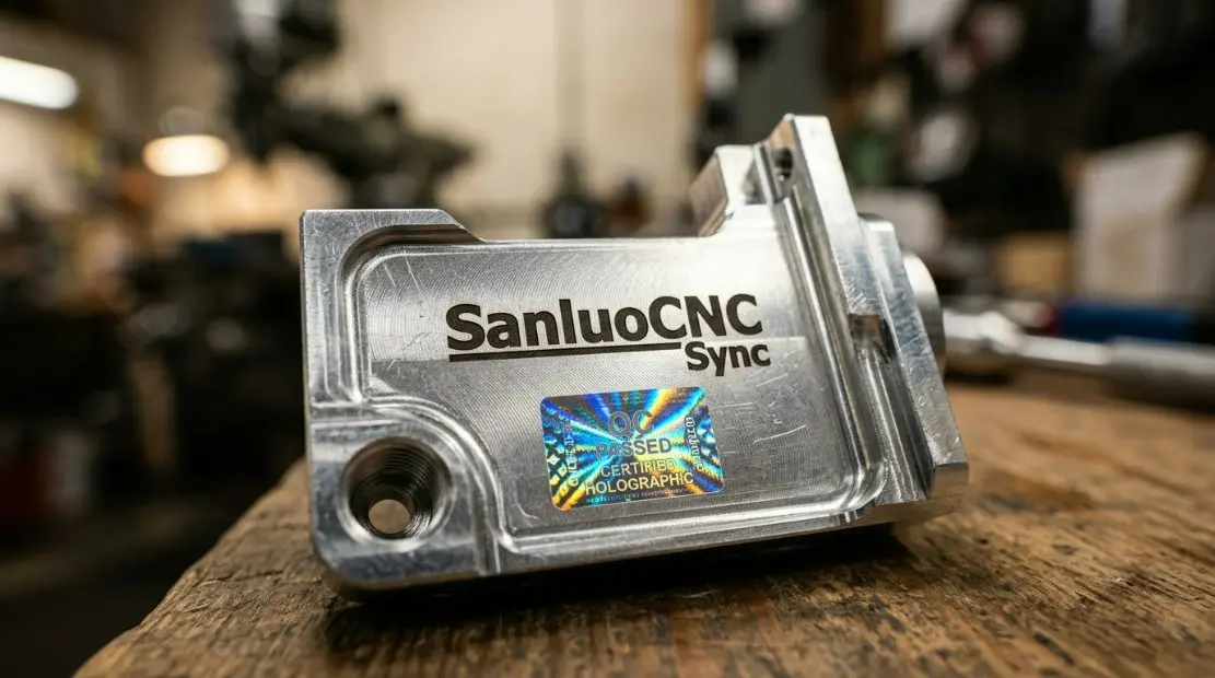 Close-up of a precision-engineered CNC aluminum part with a laser-etched SanluoCNC-Sync logo and holographic quality seal.