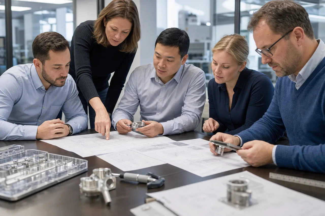 Medical device engineering team reviewing a detailed CNC part drawing, inspection report, and material certification at a conference table