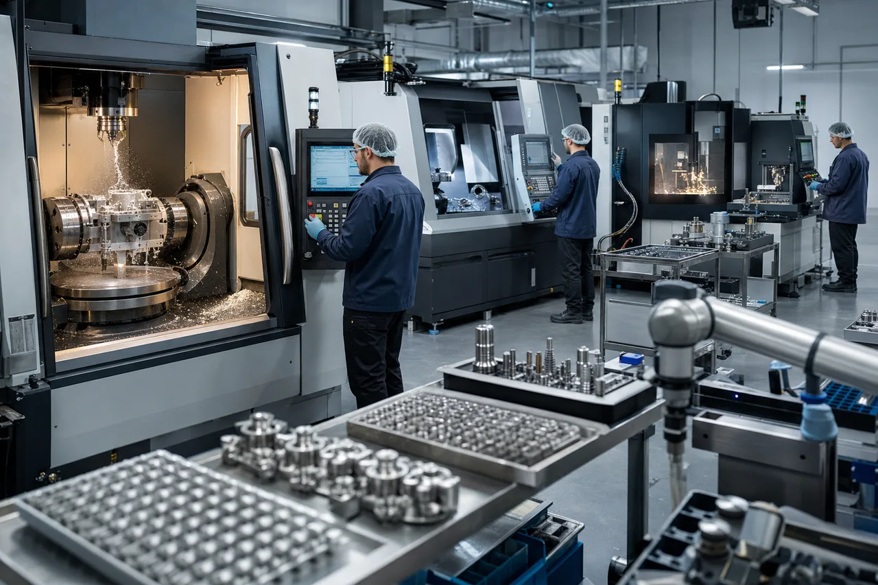 Five-axis CNC machining center, Swiss-type lathe, EDM machine, and precision grinder shown in a medical component production workflow